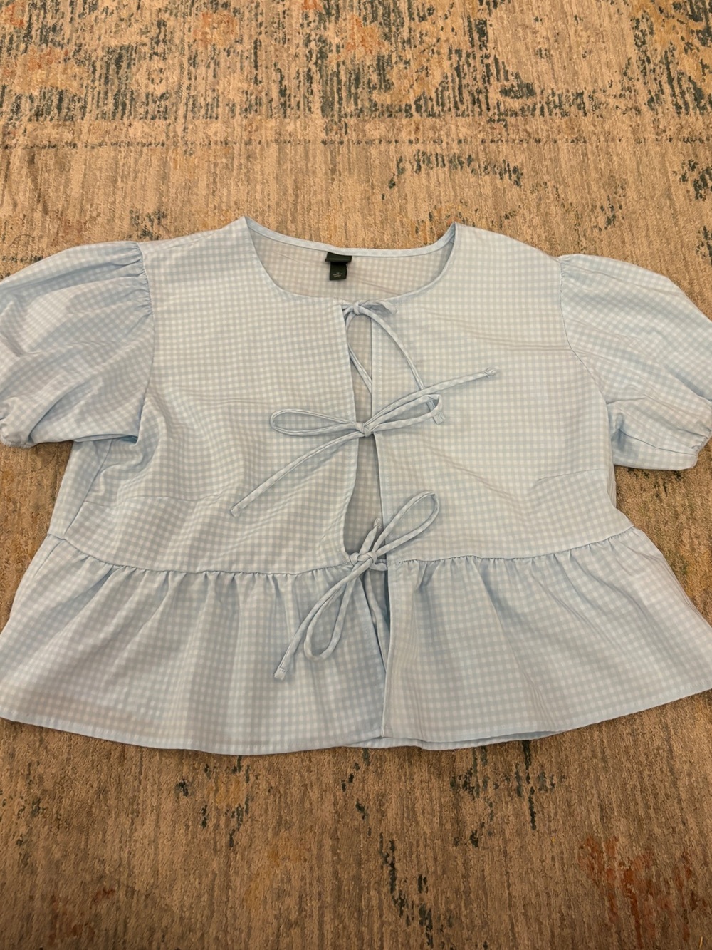 wild fable Light Blue Gingham Tie-Front Peplum Blouse - Kids